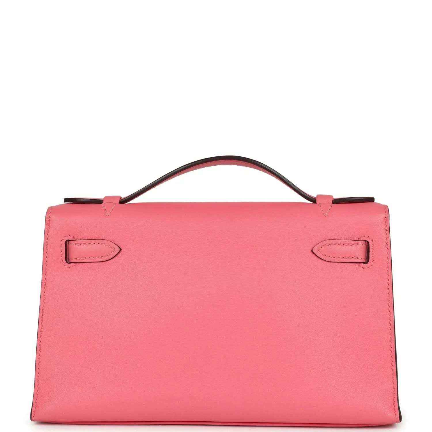 Hermes Kelly pochette bag in rose pink leather with top handle and front flap