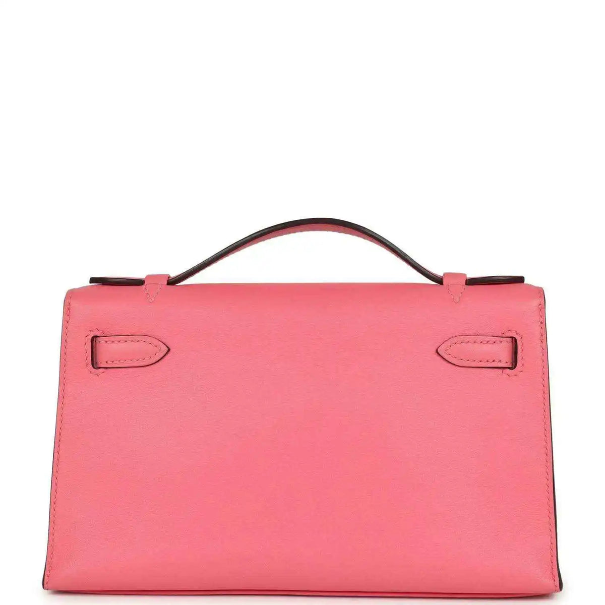 Hermes Kelly pochette bag in rose pink leather with top handle and front flap