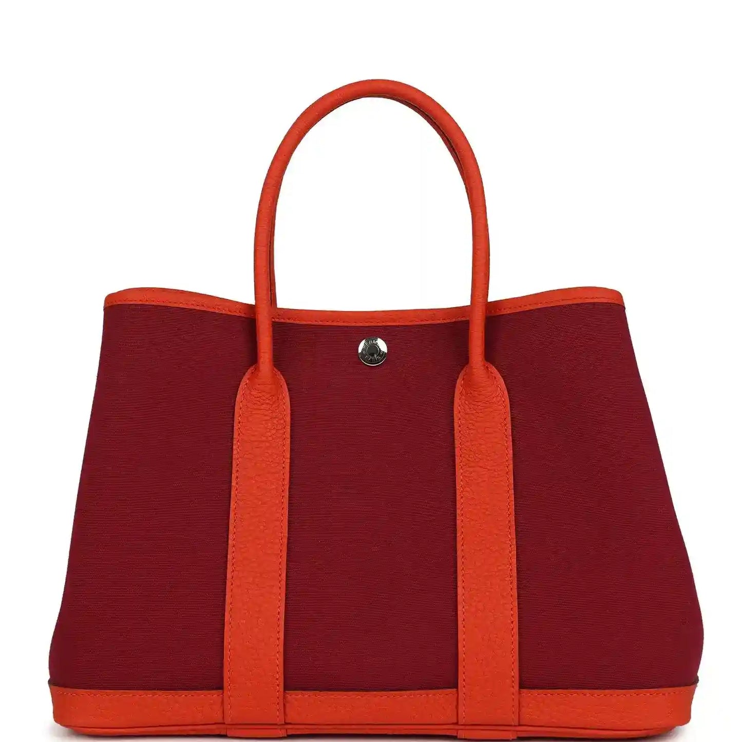 Rubis canvas tote bag with orange leather handles, front center metal snap
