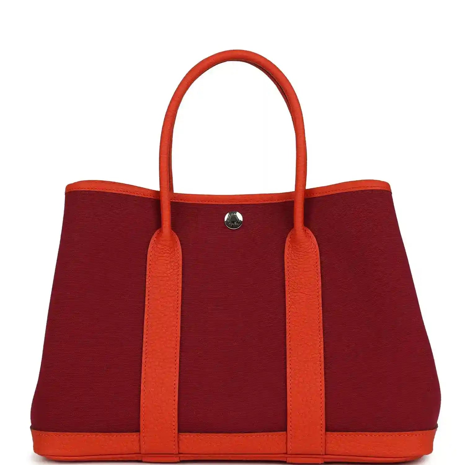 Rubis canvas tote bag with orange leather handles, front center metal snap