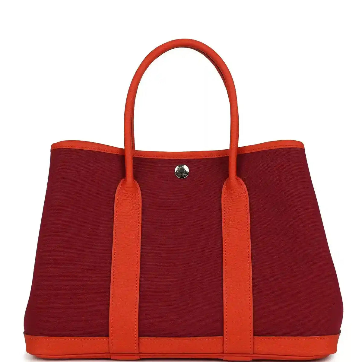 Rubis canvas tote bag with orange leather handles, front center metal snap