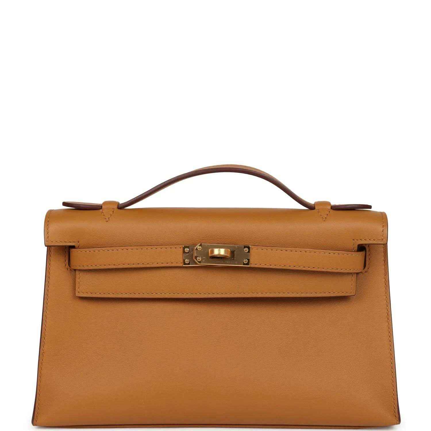 Tan leather Kelly pochette handbag with front flap and gold-tone clasp hardware