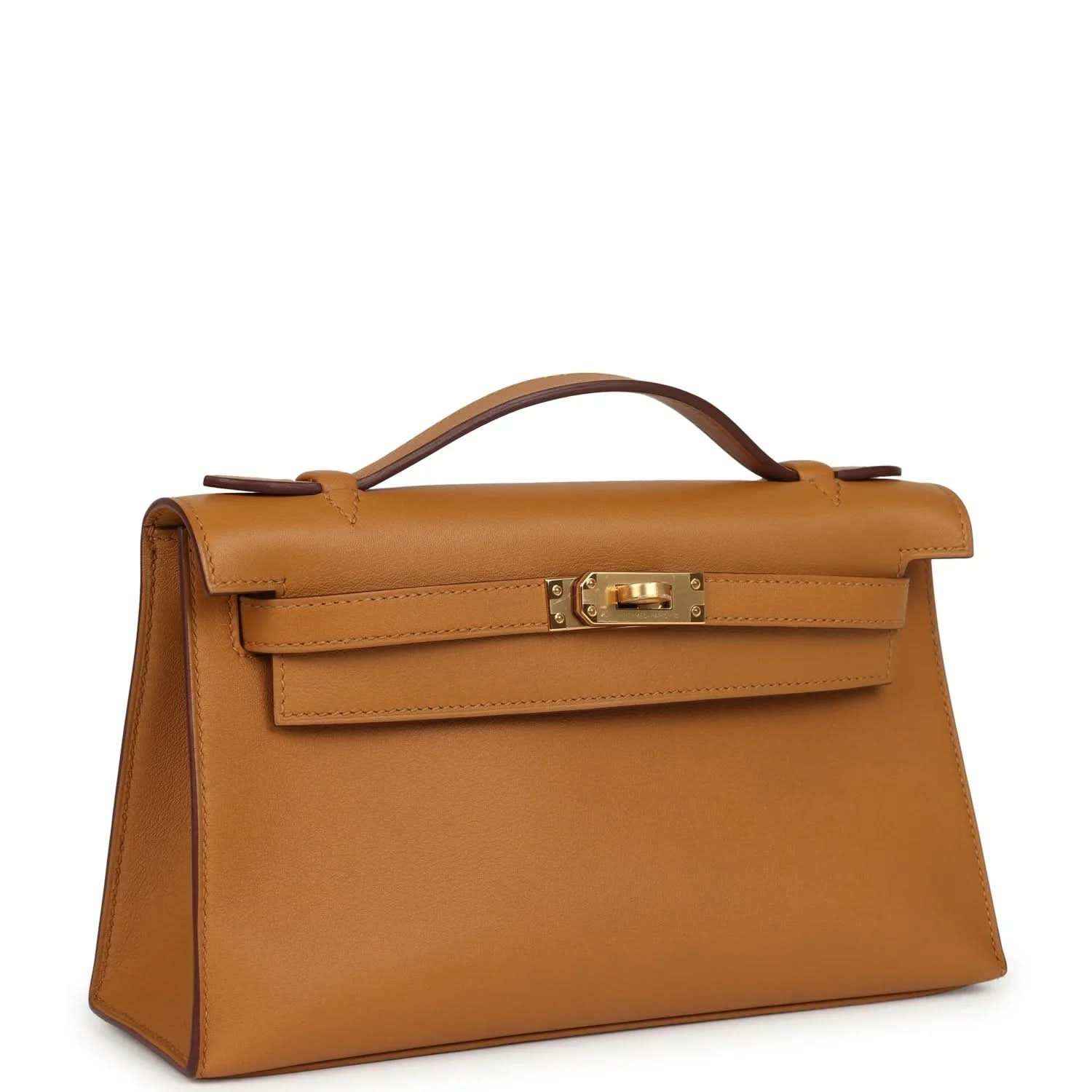 Tan leather Kelly pochette handbag, front view with gold-tone turn-lock clasp