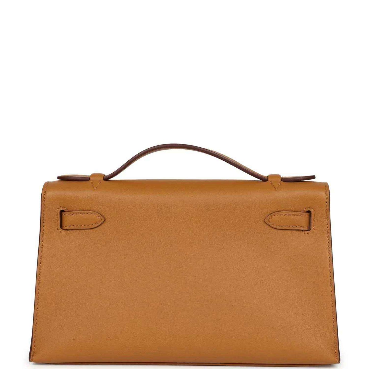 Tan leather Kelly pochette handbag with stitched front panels and gold-tone hardware