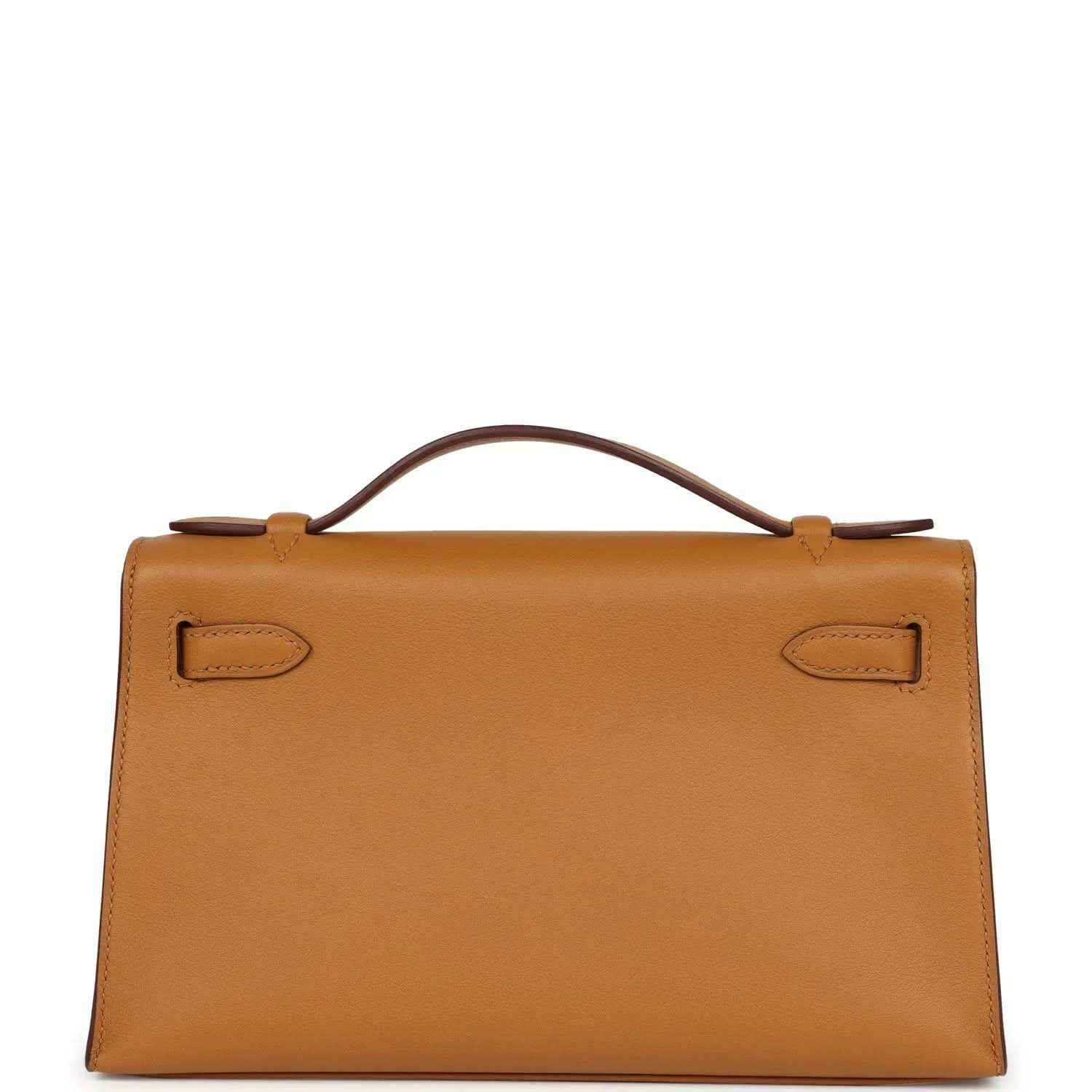 Tan leather Kelly pochette handbag with stitched front panels and gold-tone hardware