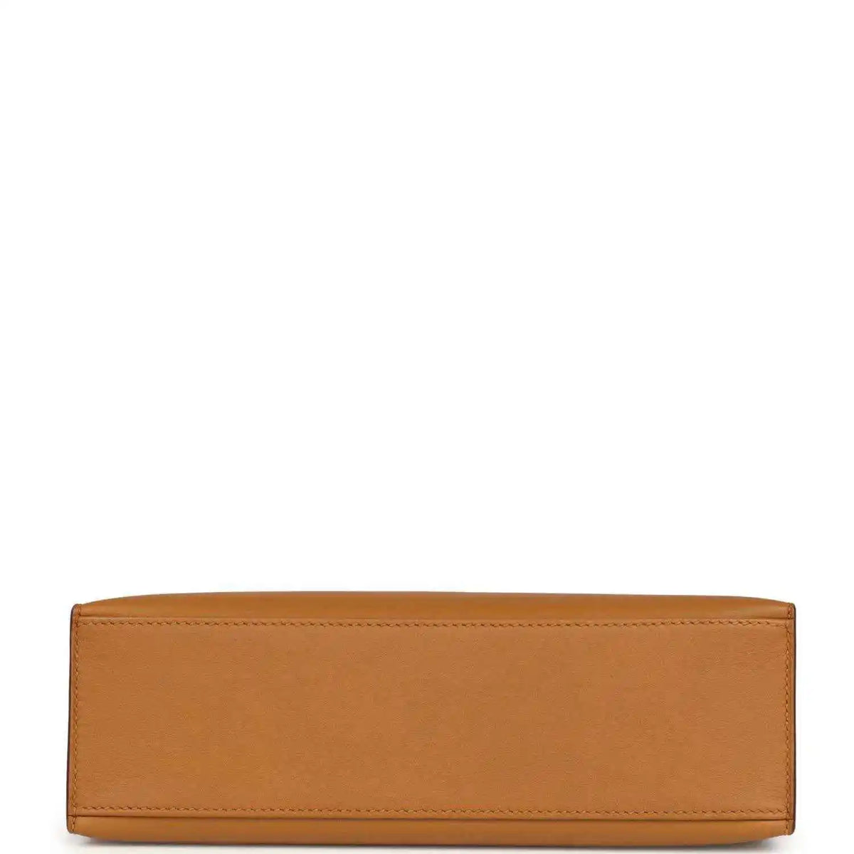 Tan leather Kelly pochette handbag, back panel view with smooth finish