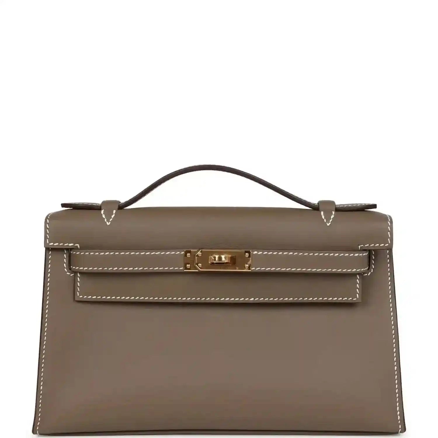 Hermes Kelly leather clutch, etoupe (taupe) with gold hardware and top handle