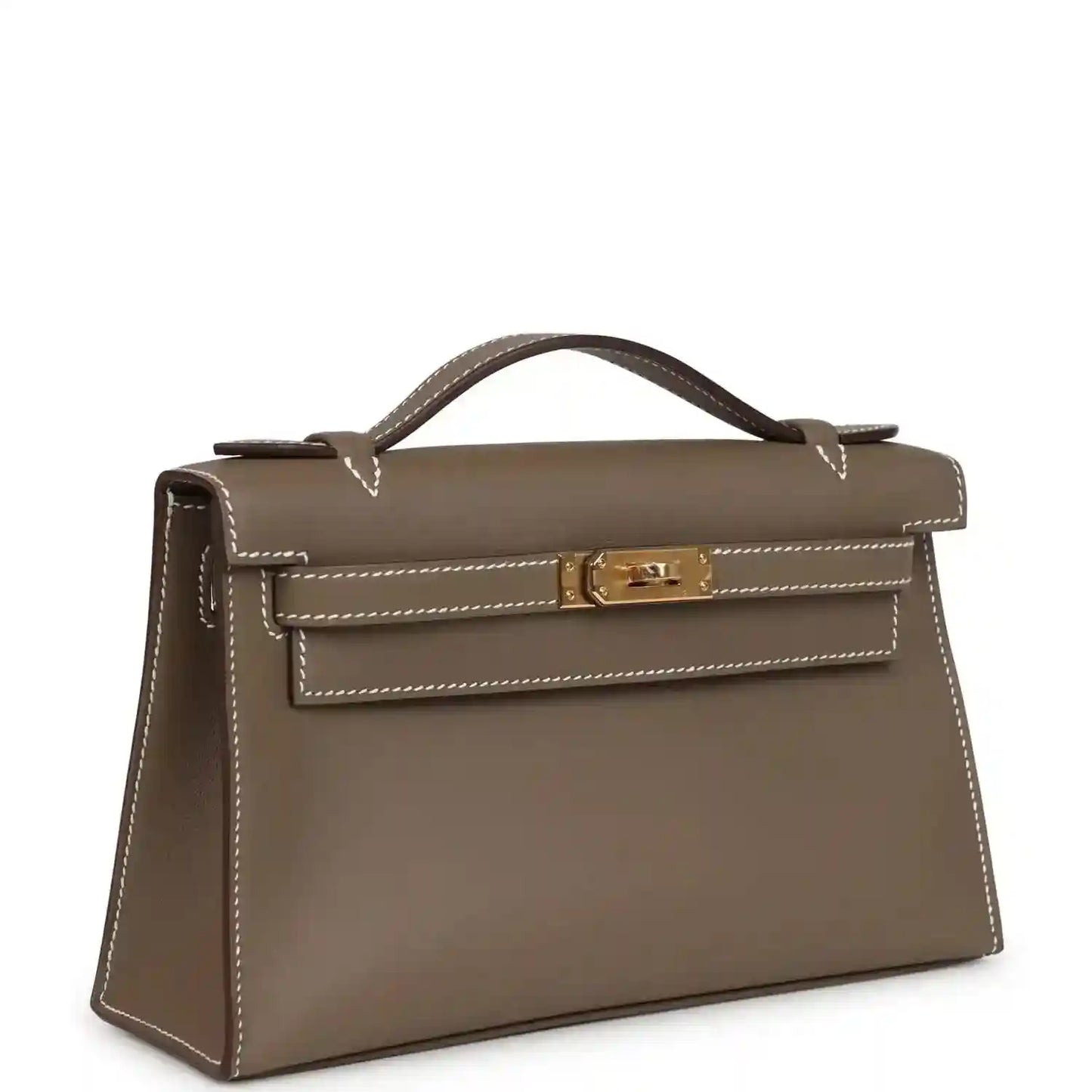 Hermes Kelly leather clutch in etoupe with gold turn-lock and contrast stitching