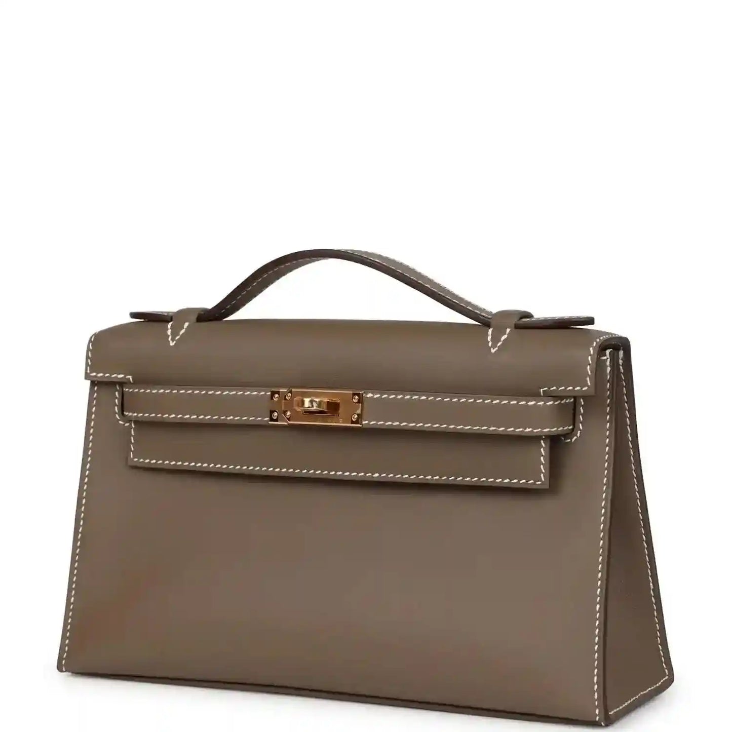 Hermes Kelly leather clutch, etoupe with gold hardware, top handle, and flap pockets