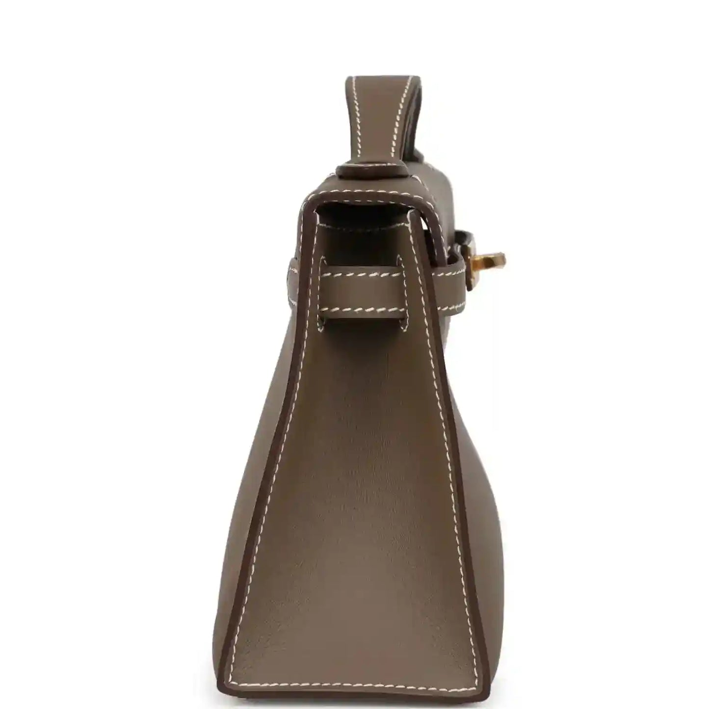 Hermes Kelly leather clutch close-up, etoupe with hanging strap loop and gold clasp