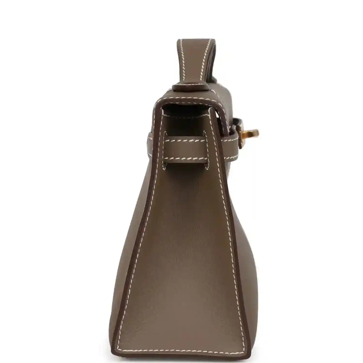 Hermes Kelly leather clutch close-up, etoupe with hanging strap loop and gold clasp