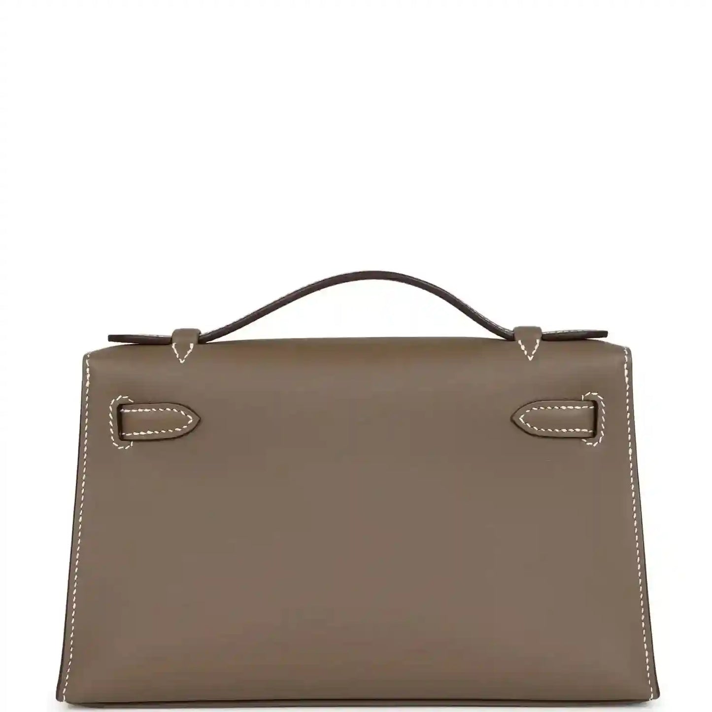 Hermes Kelly leather clutch front panel, etoupe with gold clasp and stitched edges