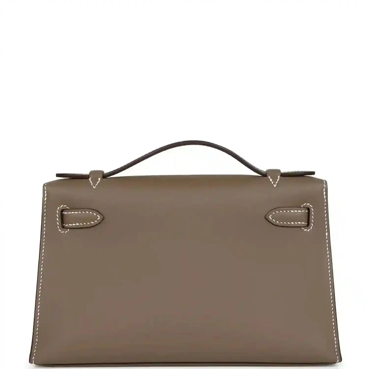 Hermes Kelly leather clutch front panel, etoupe with gold clasp and stitched edges