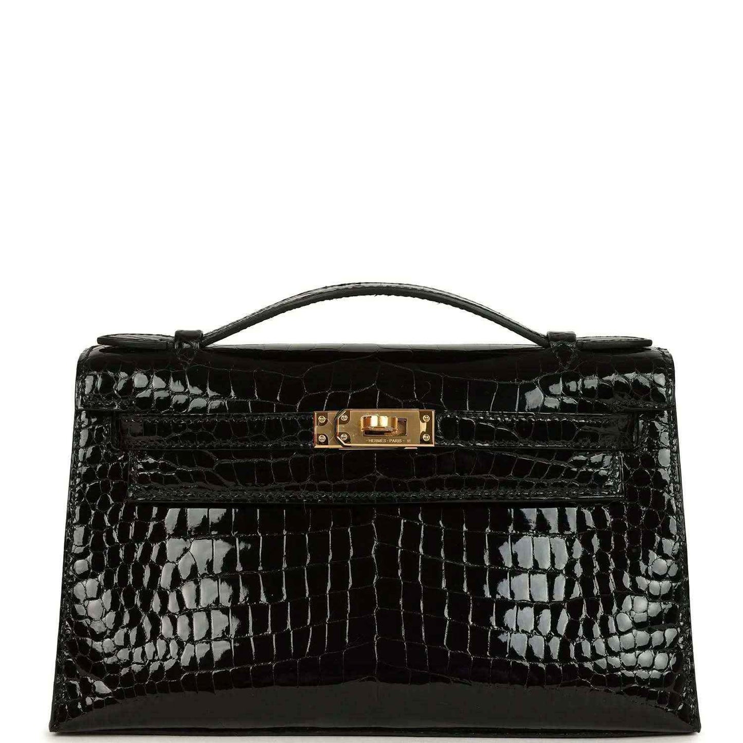 Black shiny crocodile skin handbag with top handle and gold front clasp