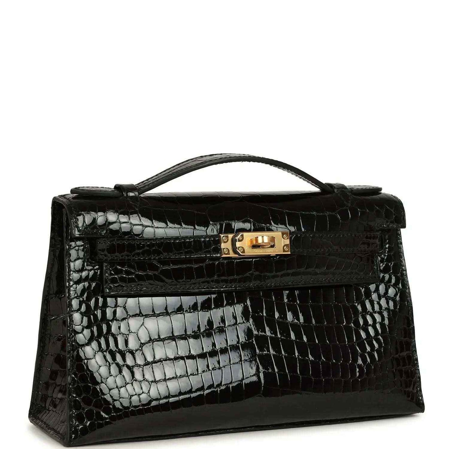 Black glossy crocodile skin handbag with gold turn-lock clasp and curved handle