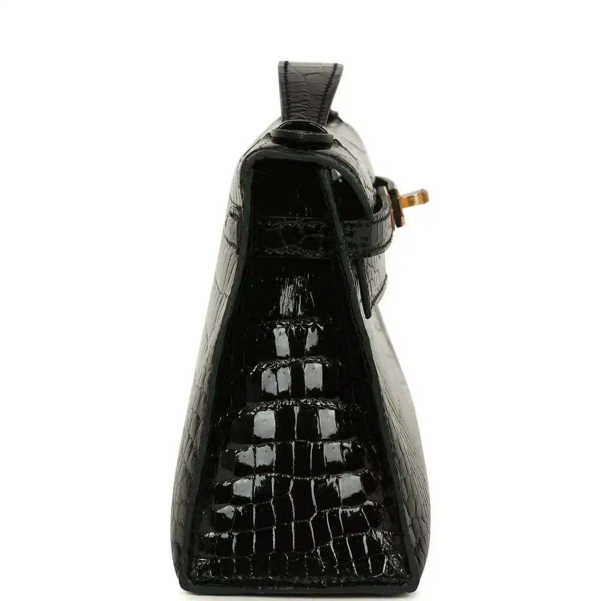 Black glossy crocodile skin mini handbag with raised top loop and gold hardware