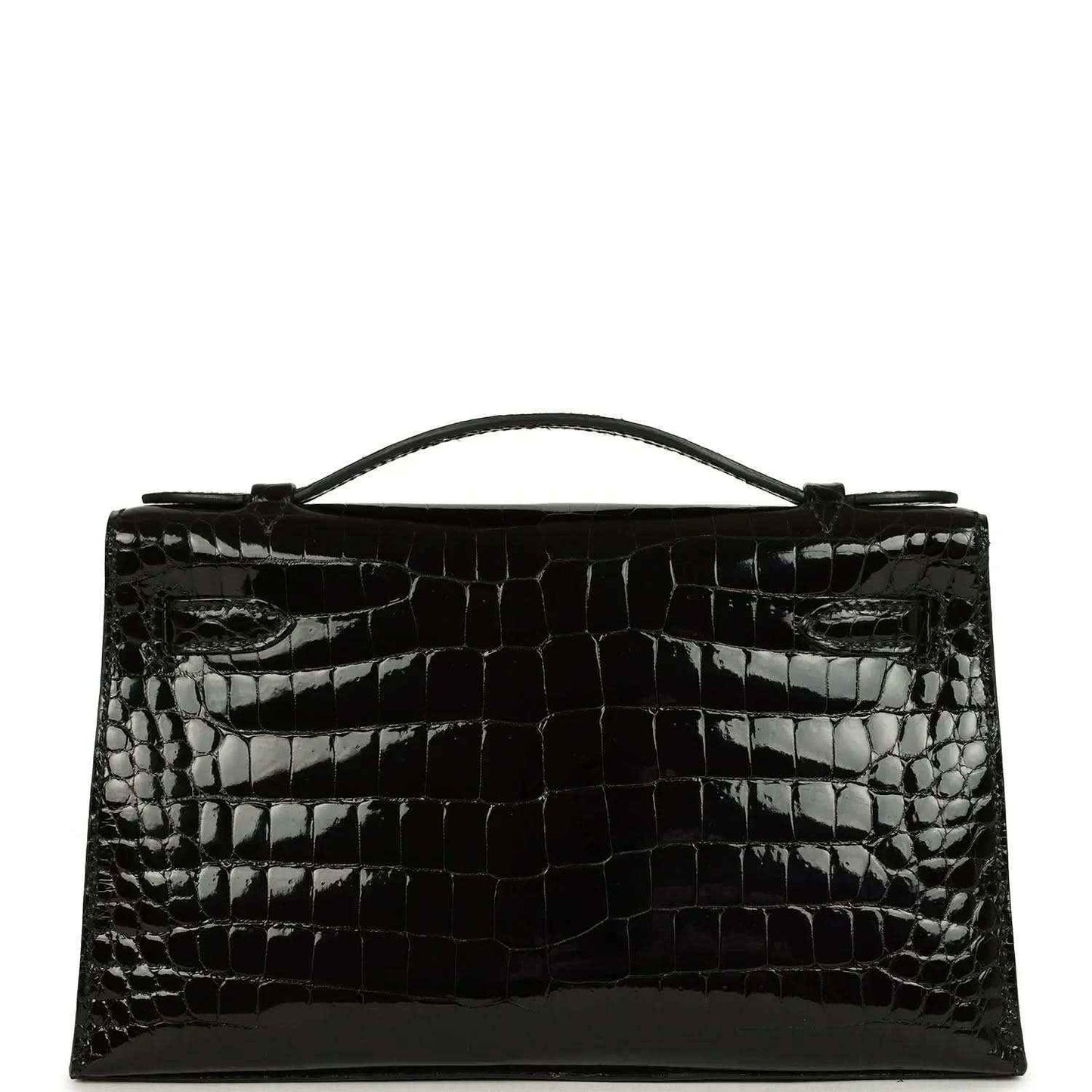 Black shiny crocodile skin handbag with top handle and gold front clasp detail