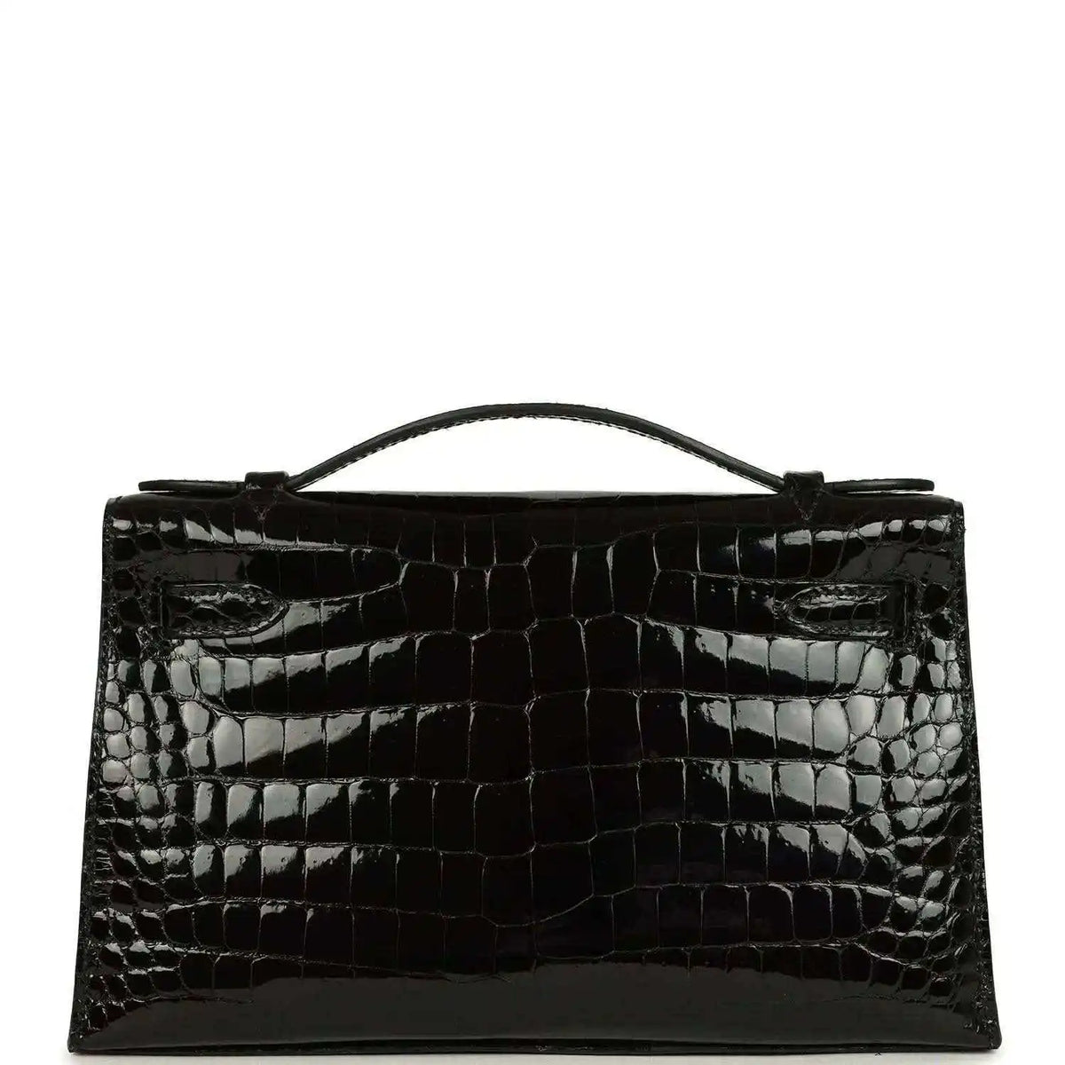 Black shiny crocodile skin handbag with top handle and gold front clasp detail