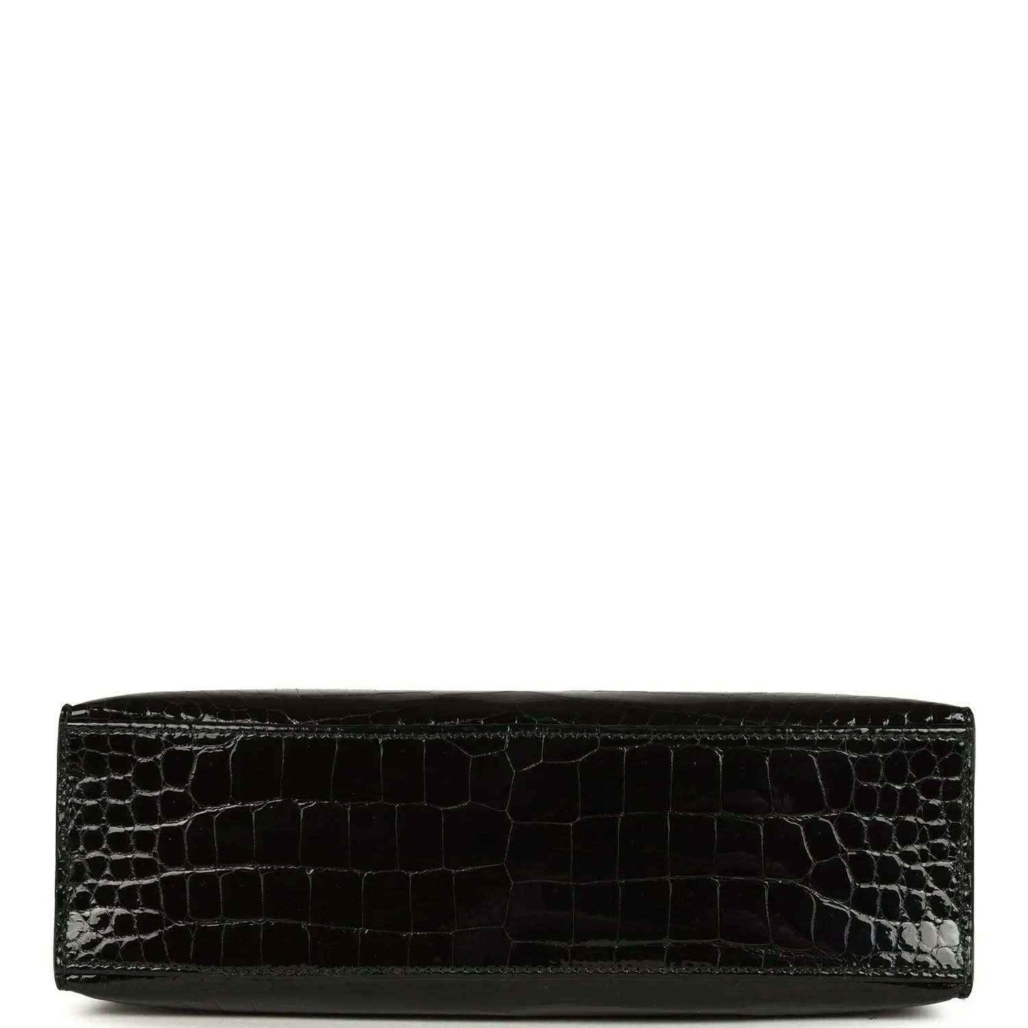 Black crocodile skin wristlet with smooth bottom edge and sleek strap