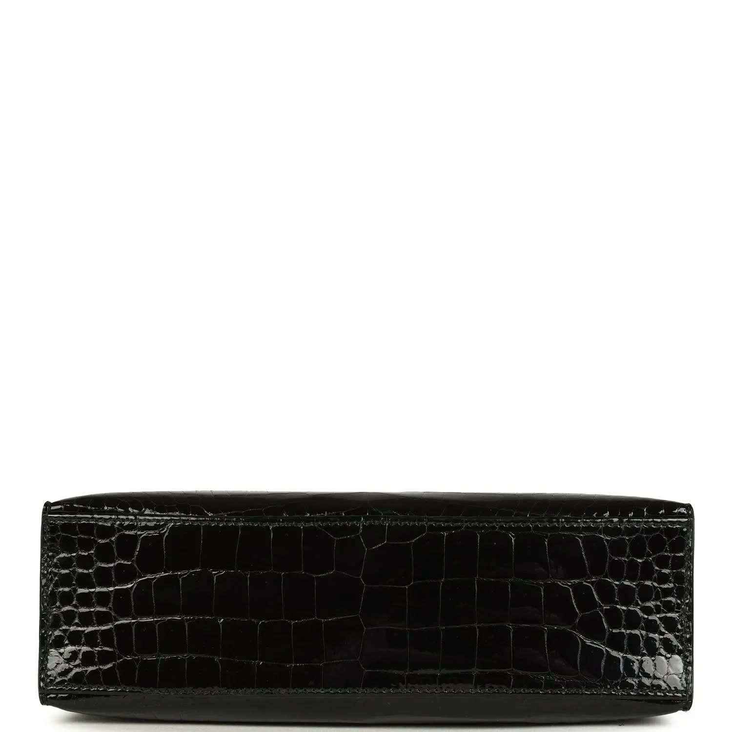 Black crocodile skin wristlet with smooth bottom edge and sleek strap