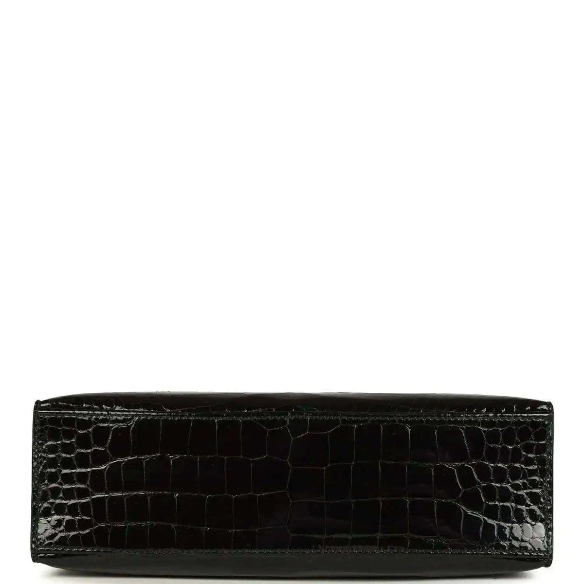 Black crocodile skin wristlet with smooth bottom edge and sleek strap