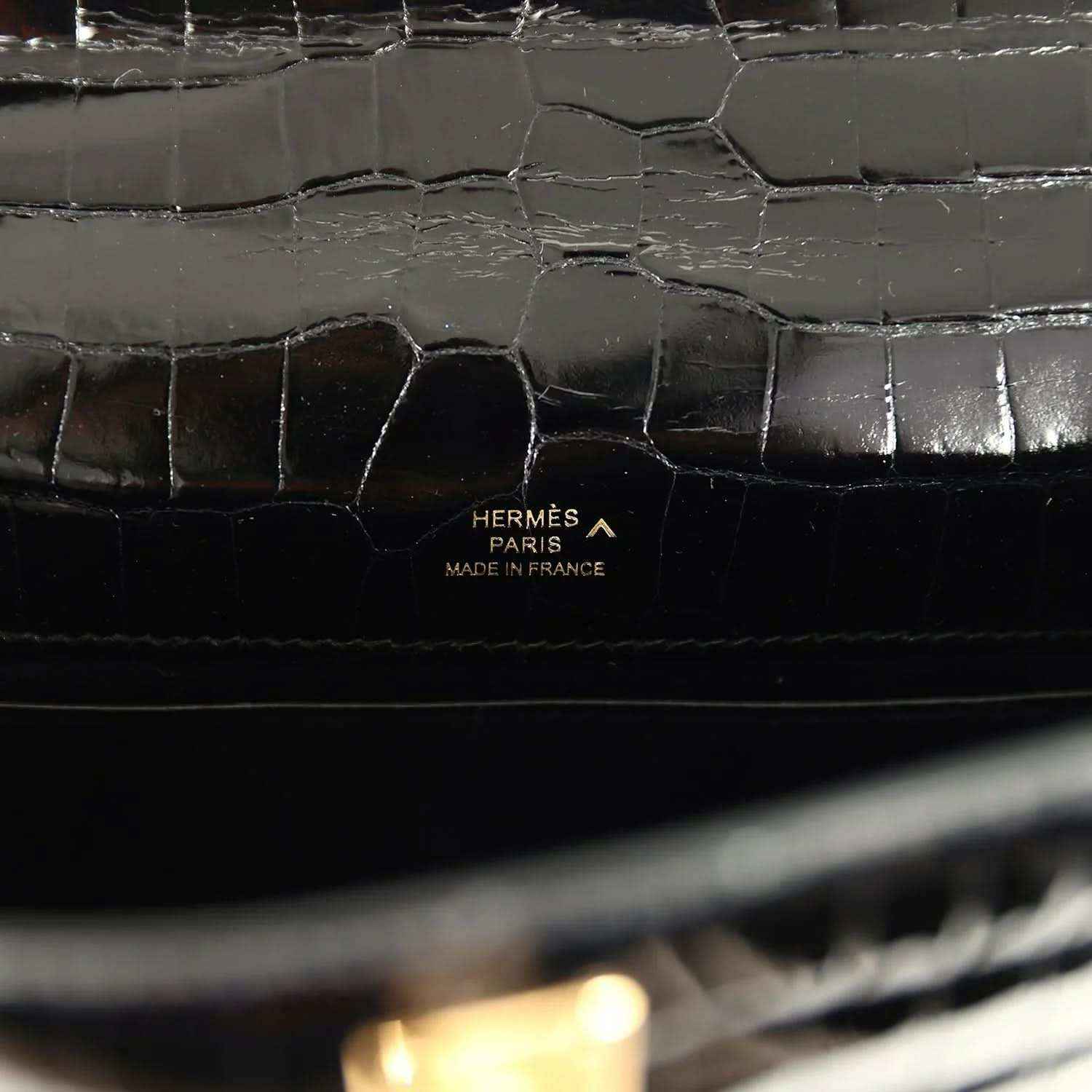 Hermès Paris Made in France stamp on black crocodile leather lining