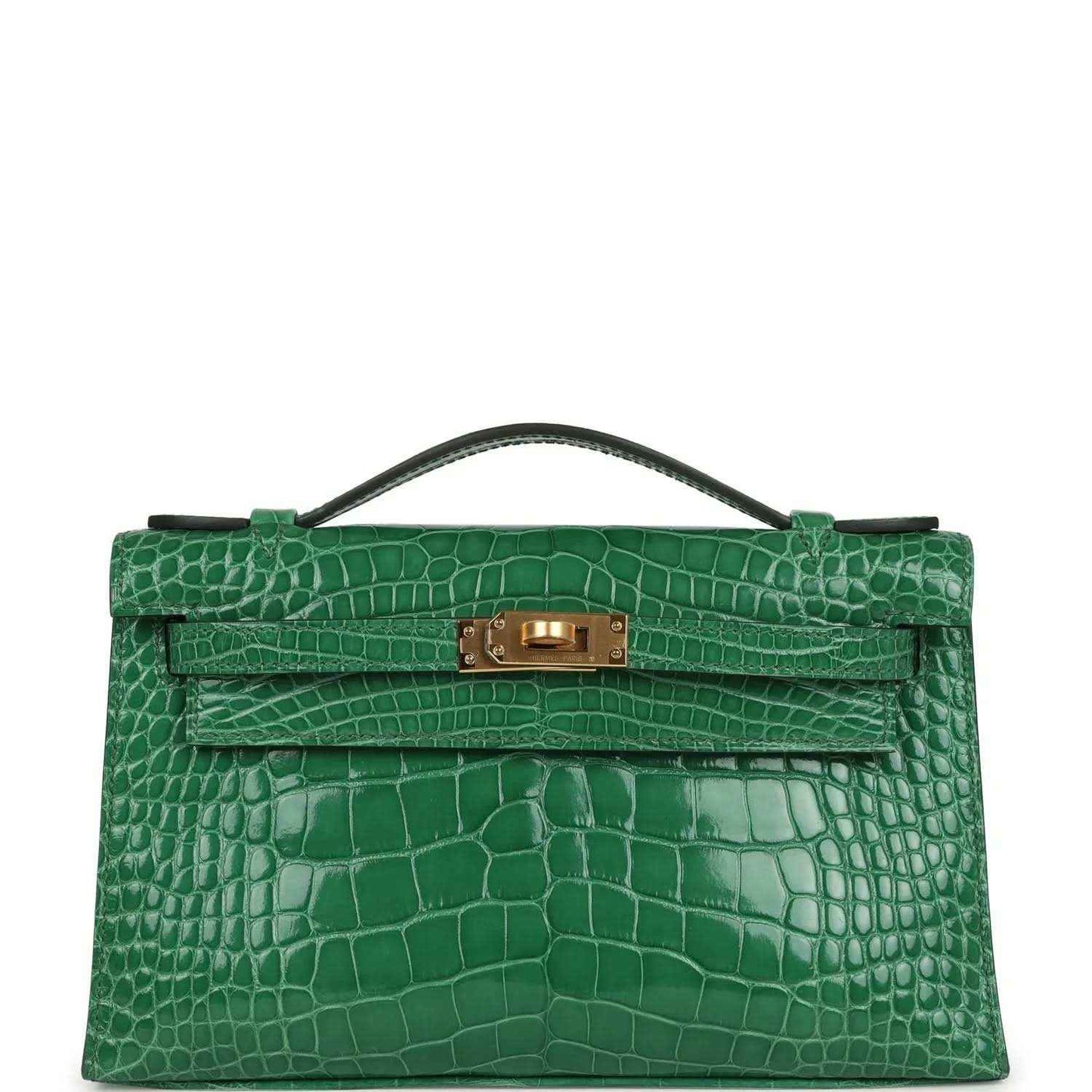 Hermes Kelly clutch in green shiny crocodile with gold front clasp and top handle