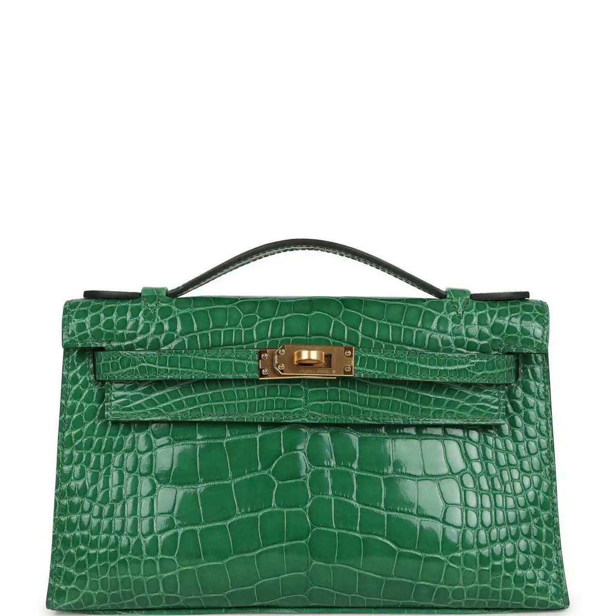 Hermes Kelly clutch in green shiny crocodile with gold front clasp and top handle