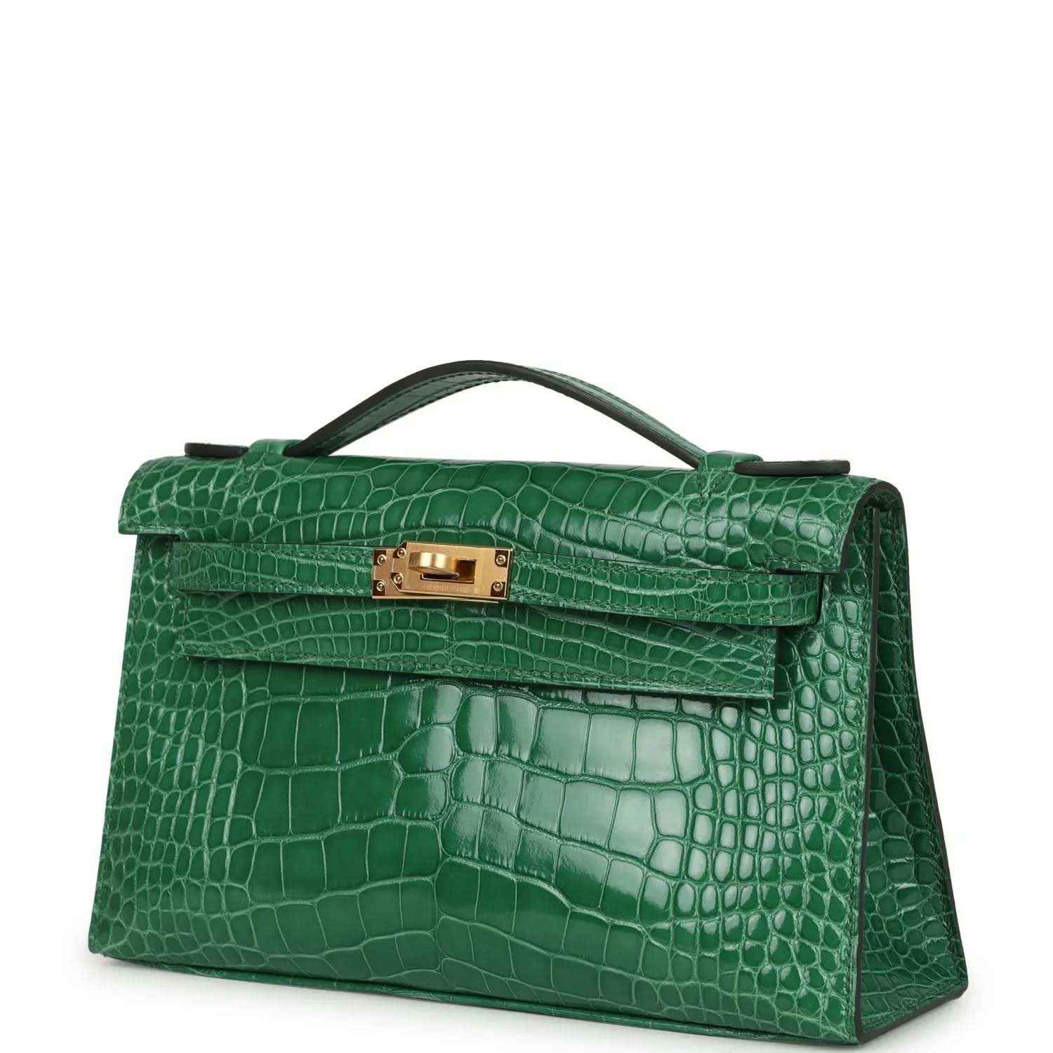 Hermes Kelly clutch front view with gold clasp and green shiny crocodile
