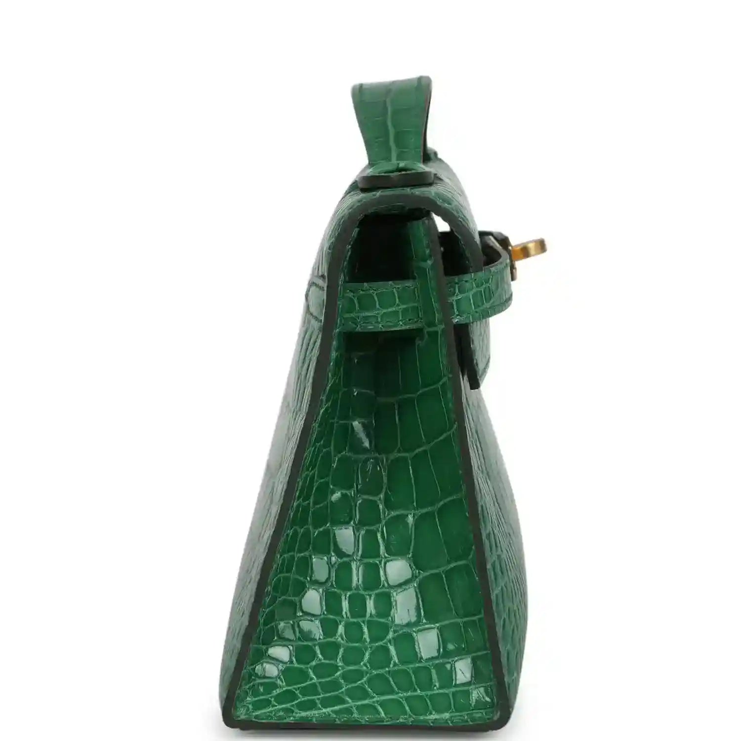 Hermes Kelly clutch side view in green crocodile with gold clasp hardware