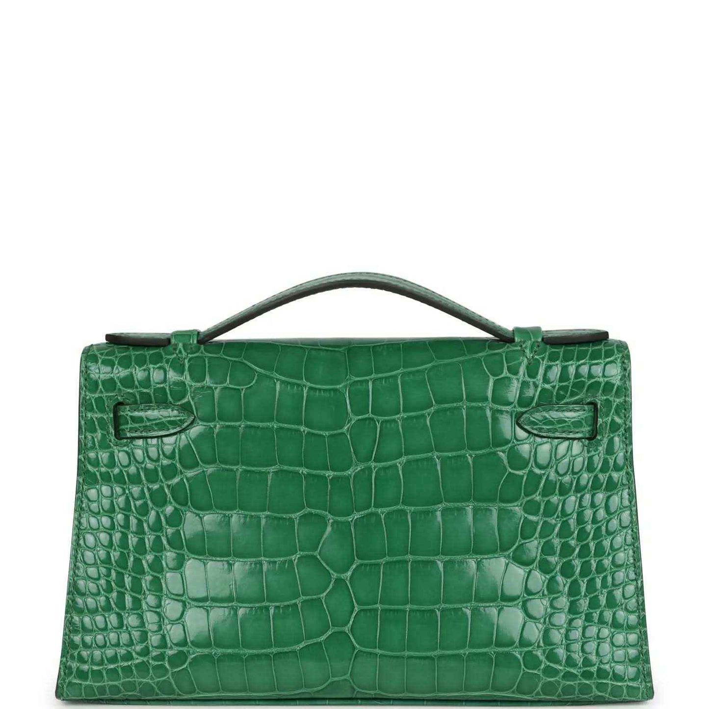 Hermes Kelly clutch back view in green crocodile with top handle