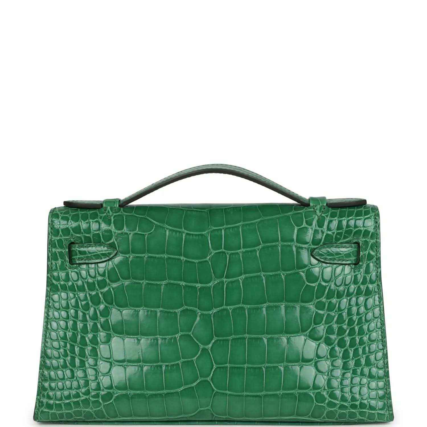 Hermes Kelly clutch back view in green crocodile with top handle
