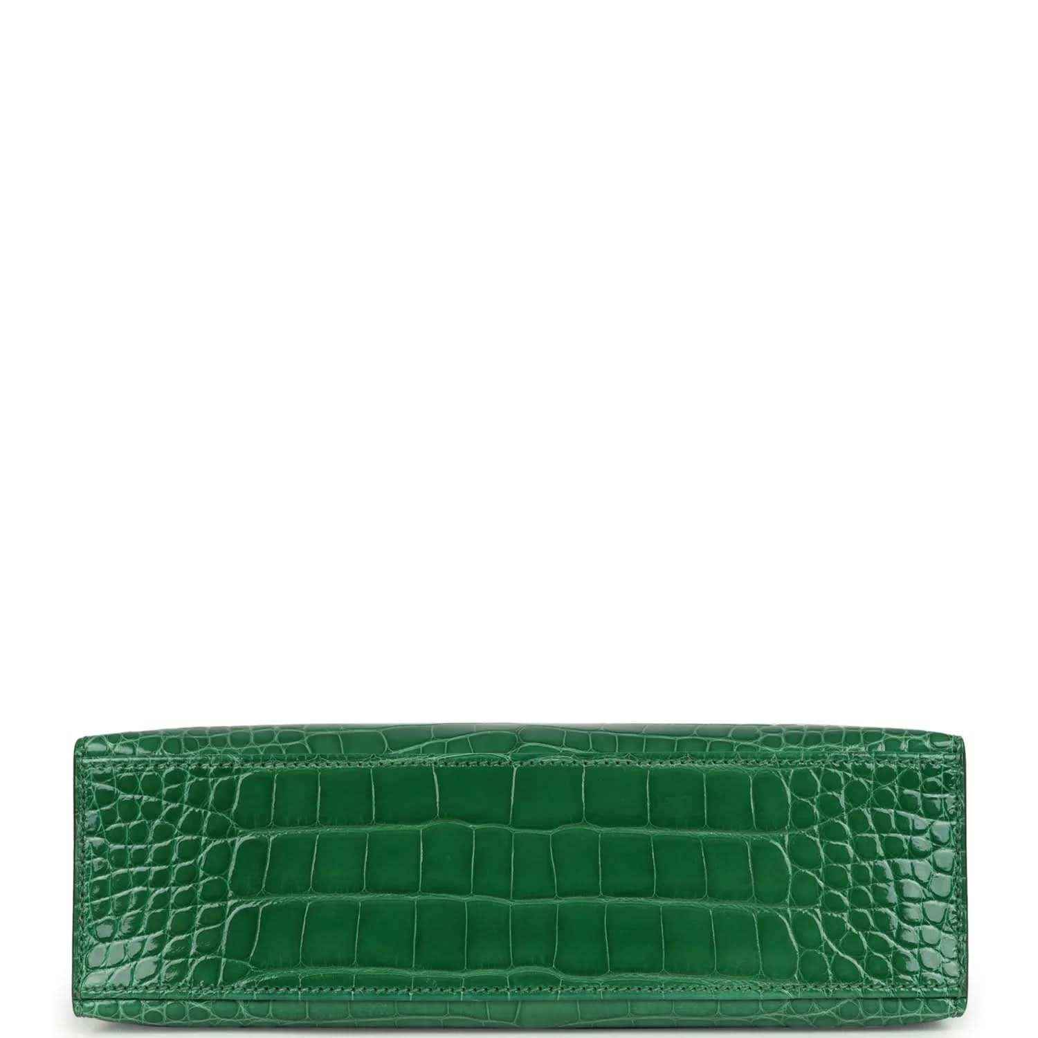 Hermes Kelly pochette clutch base view in green crocodile, flat rectangular shape