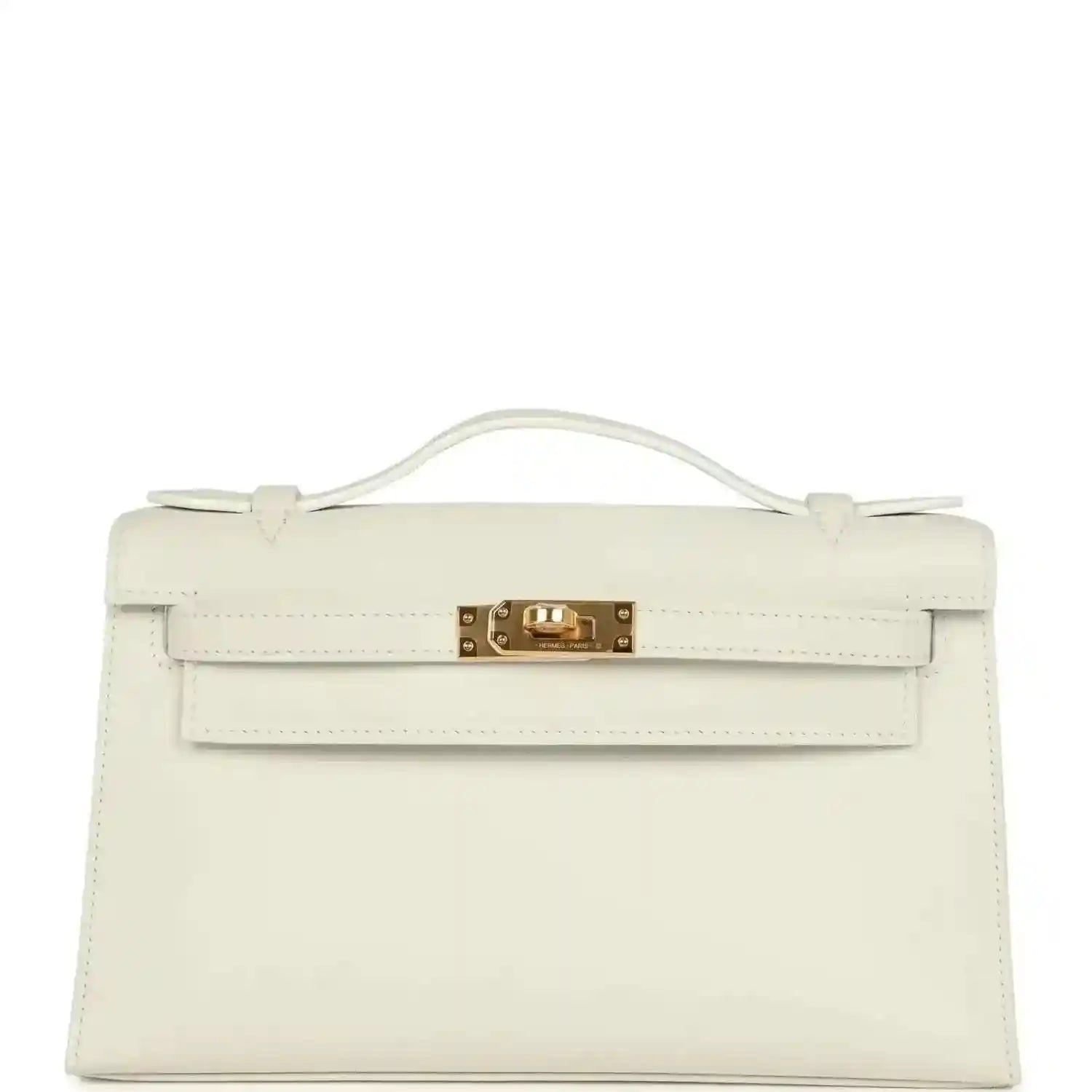 White leather clutch bag with top handle, front flap, and gold turn-lock clasp