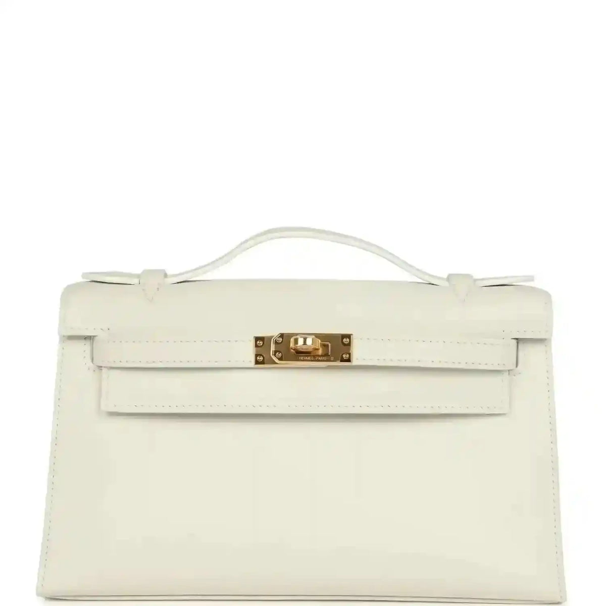 White leather clutch bag with top handle, front flap, and gold turn-lock clasp
