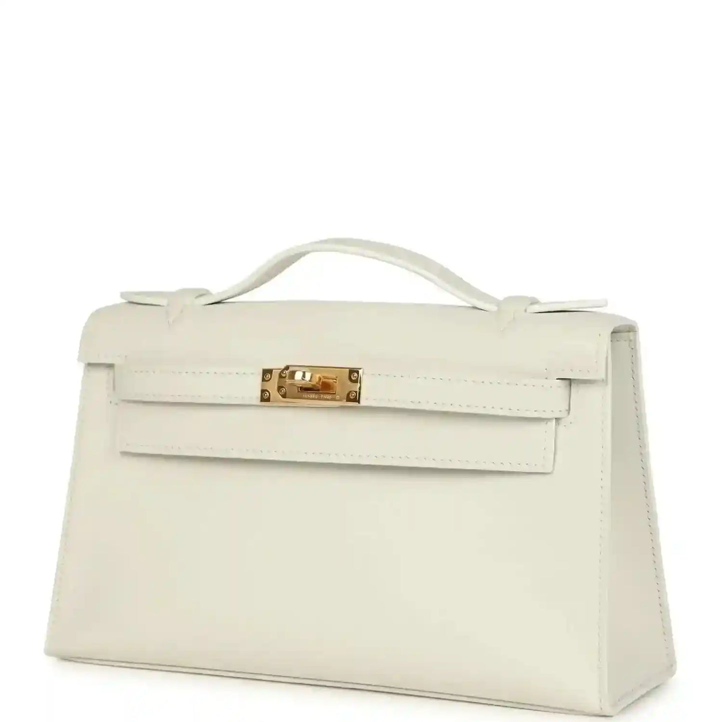 White leather clutch bag with front flap, top handle, and gold turn-lock clasp