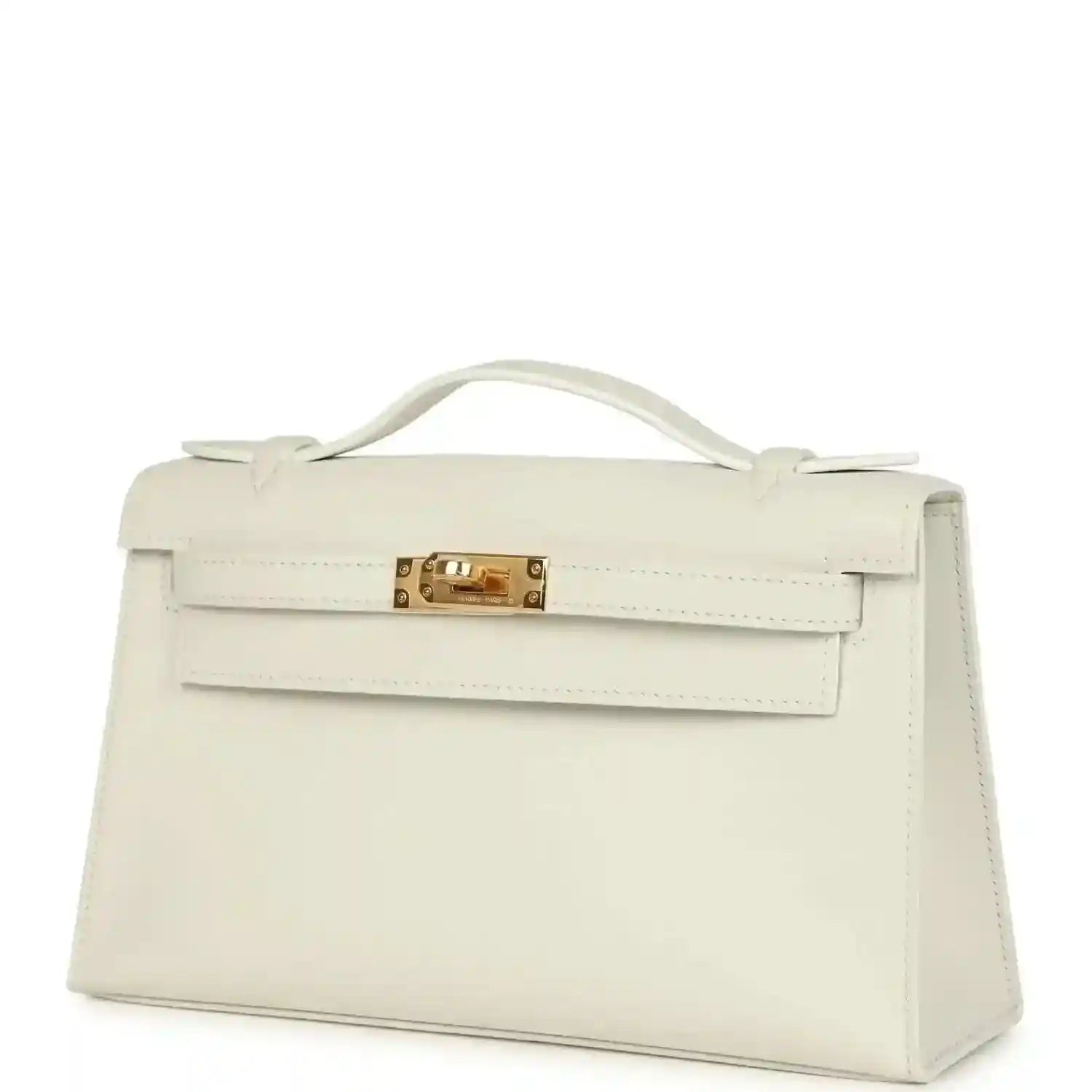 White leather clutch bag with front flap, top handle, and gold turn-lock clasp