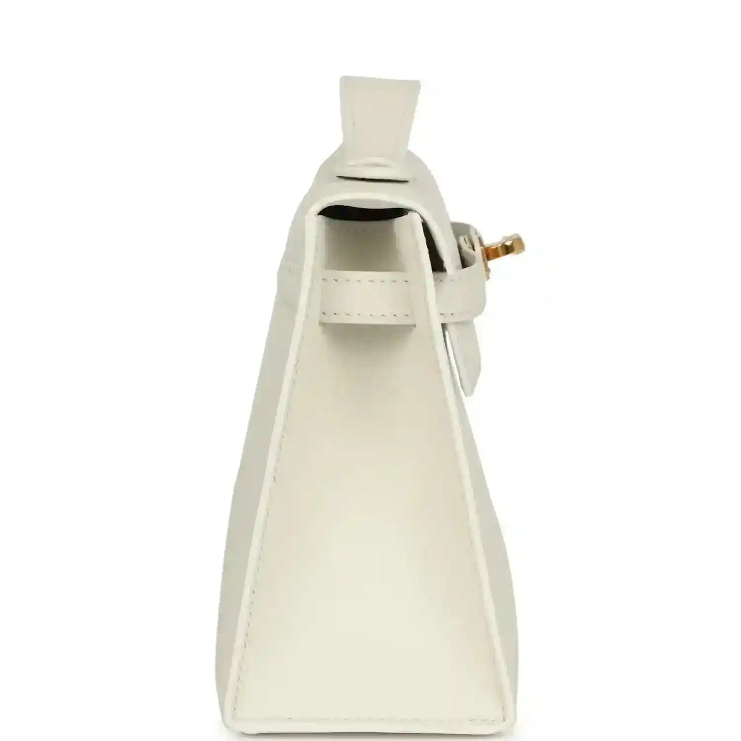 White leather clutch bag open at side, showing interior and gold hardware