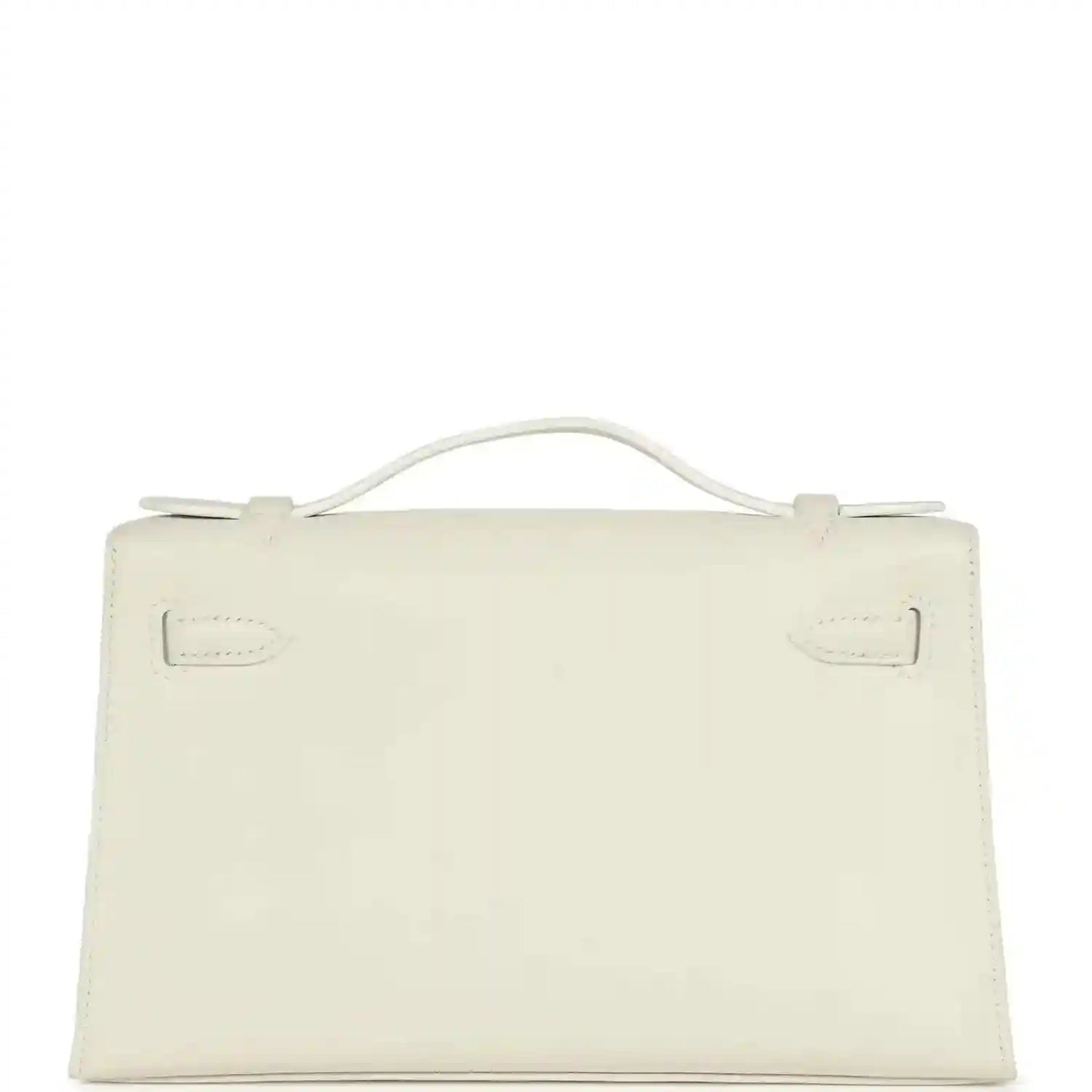 White leather clutch bag with top handle and front flap, viewed from back
