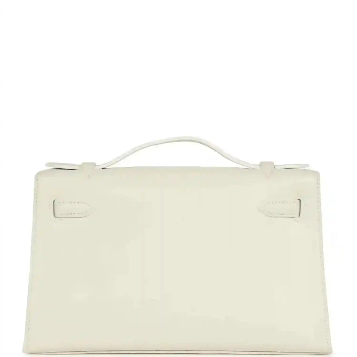 White leather clutch bag with top handle and front flap, viewed from back