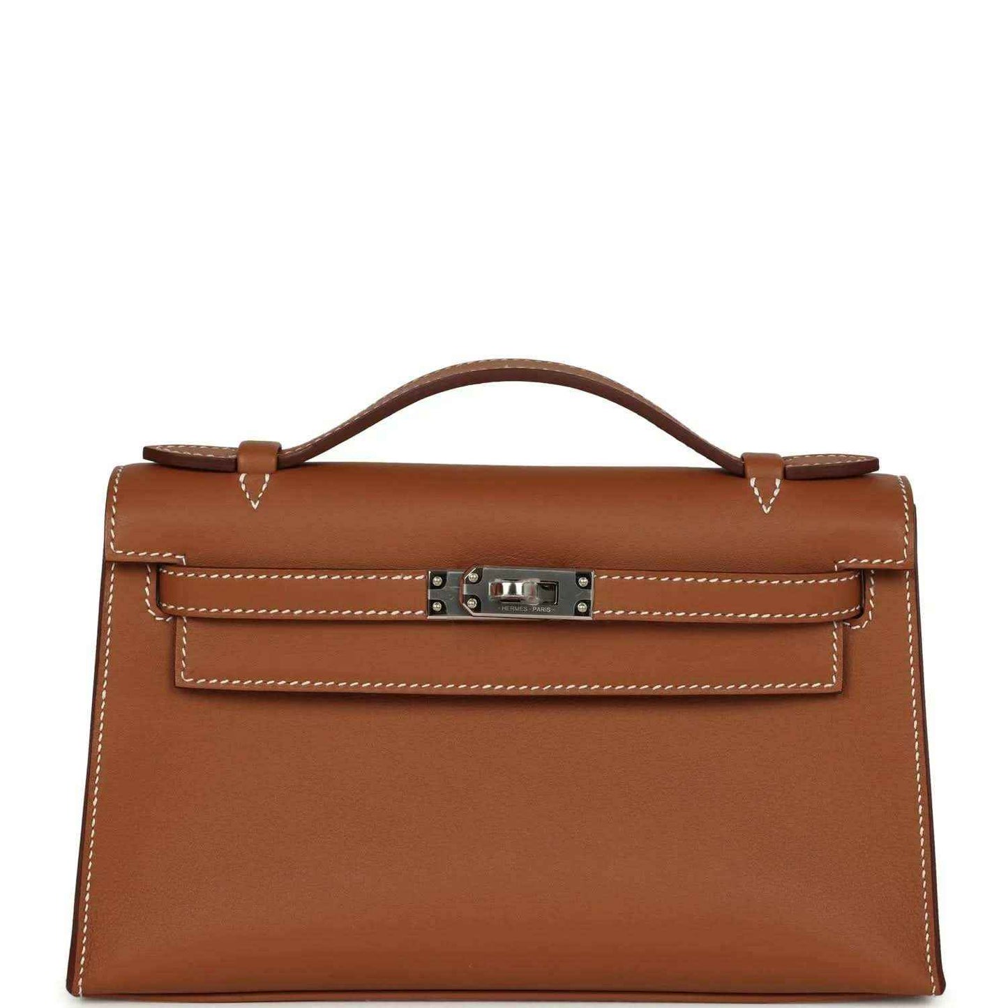 Brown leather top-handle clutch with front lock and stitched flap