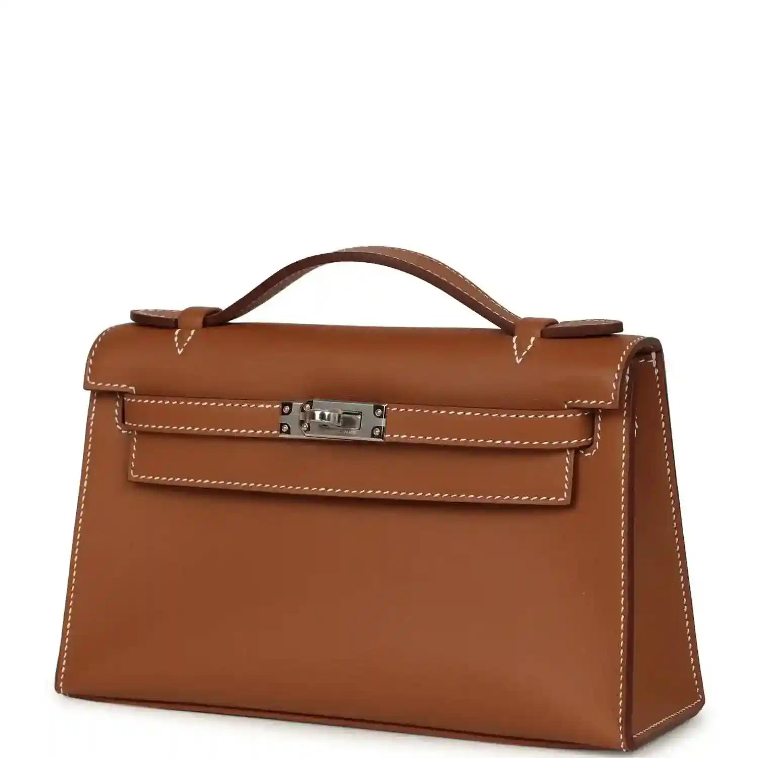 Brown leather top-handle clutch with front flap, lock hardware, and side gussets