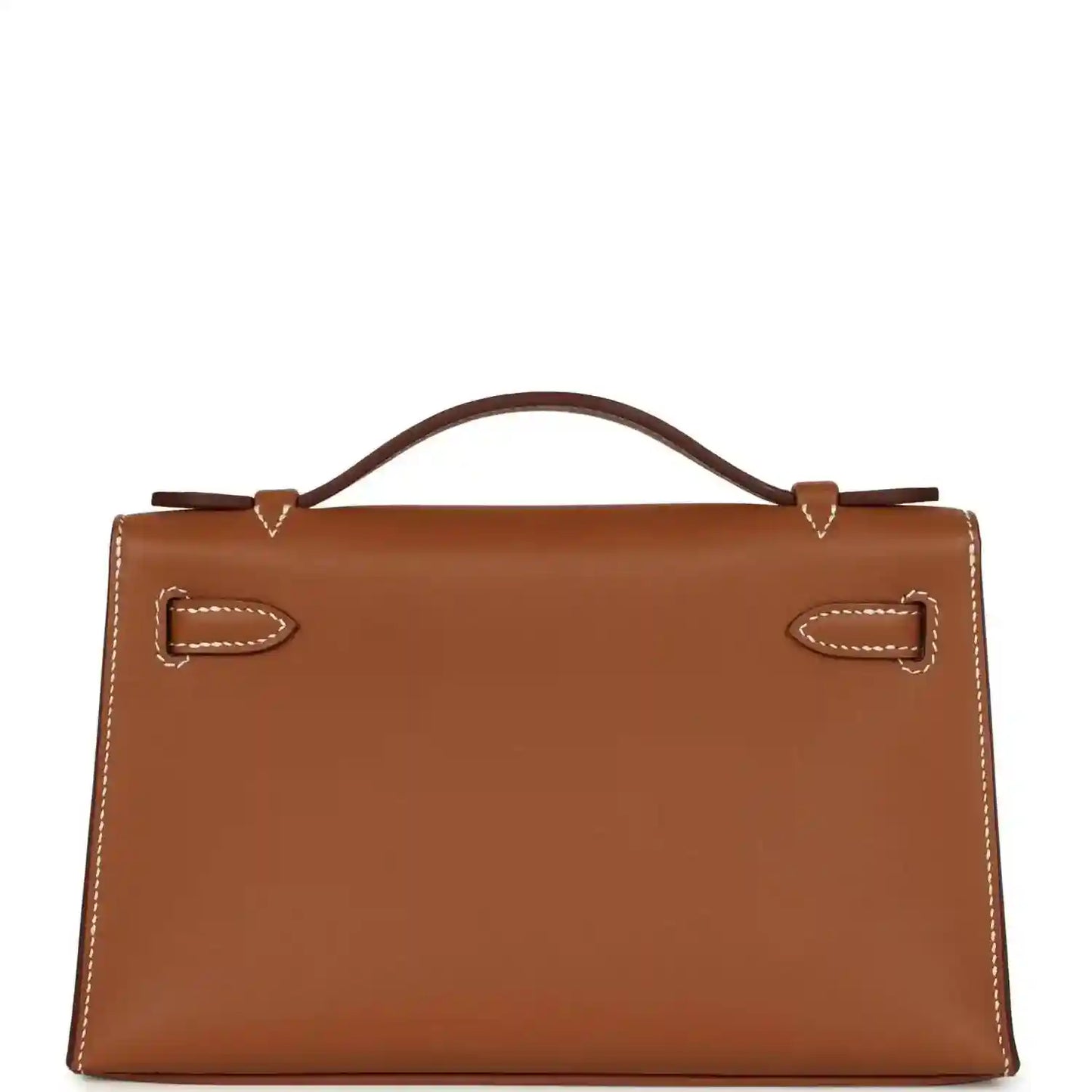 Brown leather handbag clutch with stitched flap, front lock, and top handle
