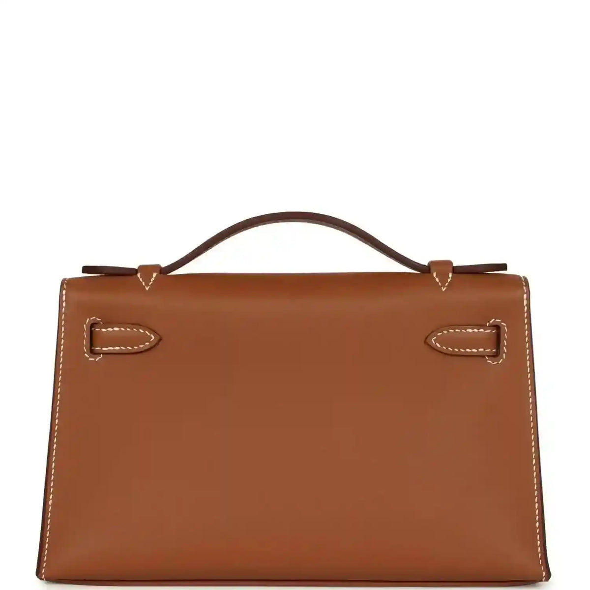 Brown leather handbag clutch with stitched flap, front lock, and top handle