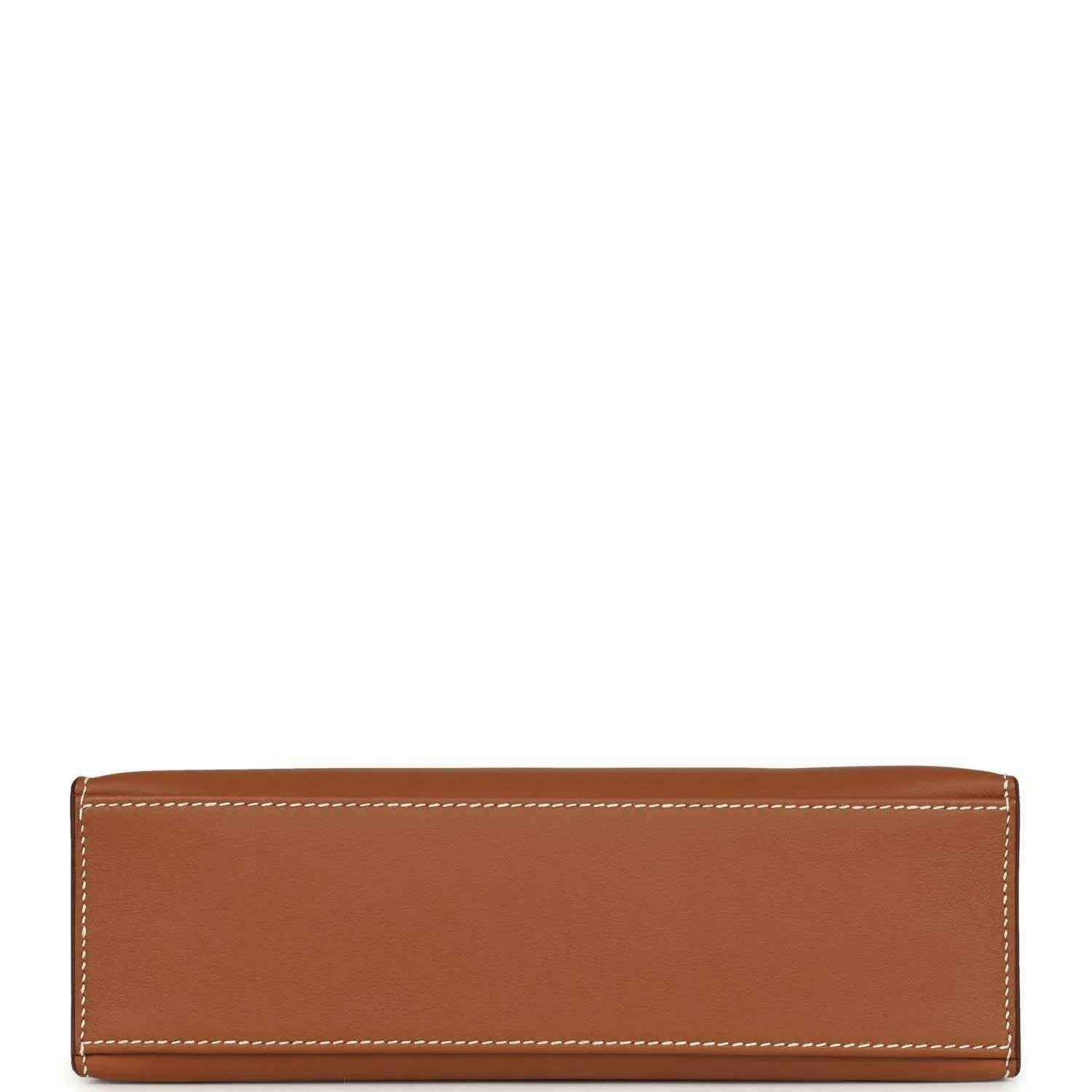 Brown leather clutch with stitched edges and minimal front detailing