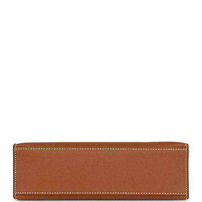 Brown leather clutch with stitched edges and minimal front detailing