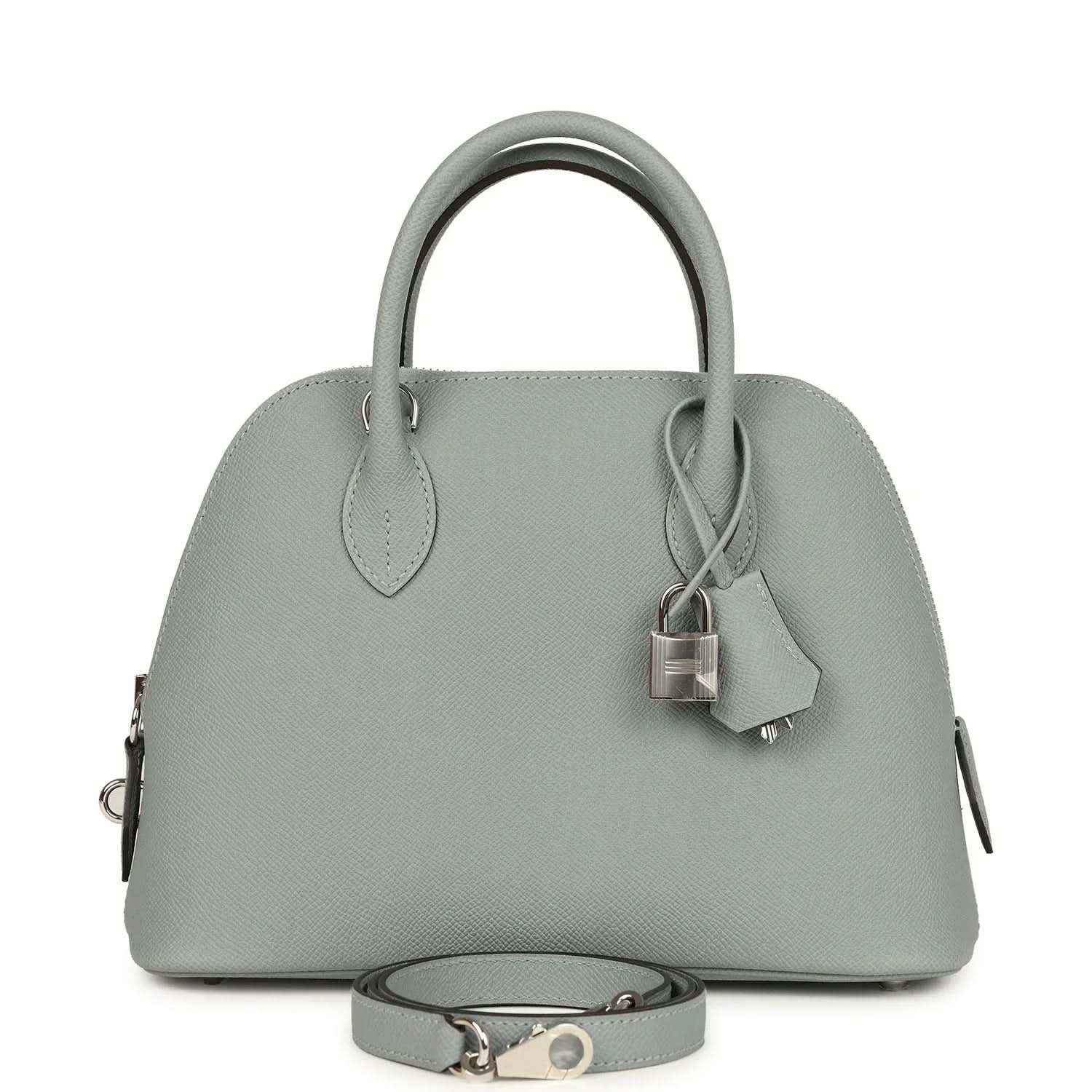 Light gray leather Bolide bag with top handles, lock detail and shoulder strap