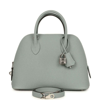Light gray leather Bolide bag with top handles, lock detail and shoulder strap