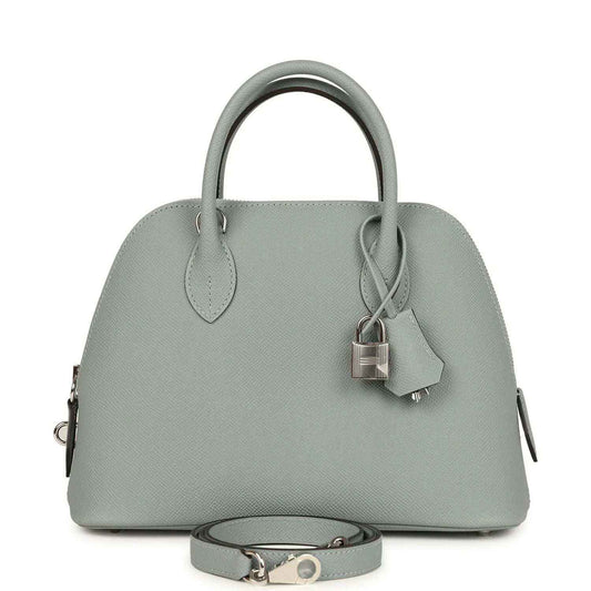 Light gray leather Bolide bag with top handles, lock detail and shoulder strap