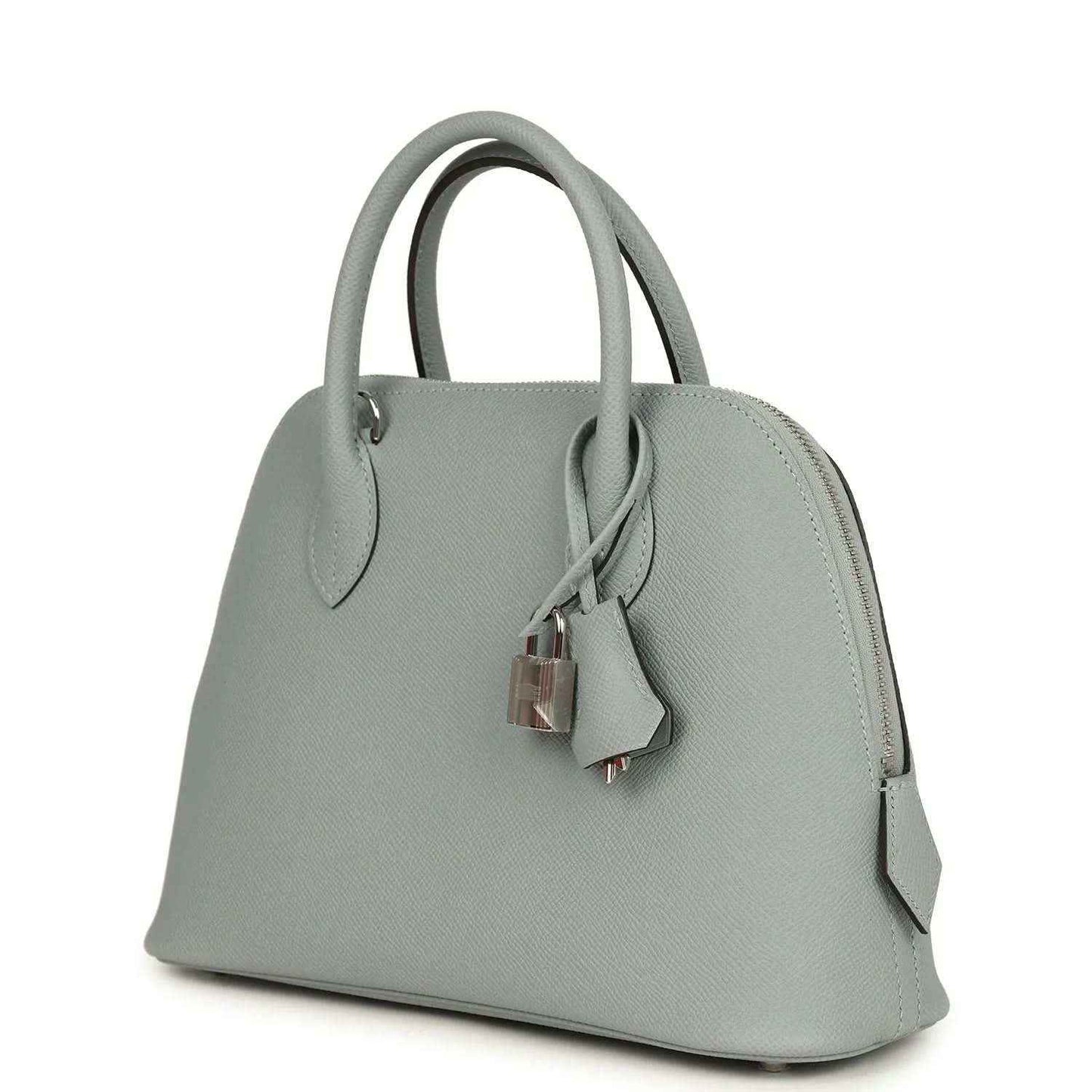 Light gray leather Bolide bag with top handles, lock charm and side hardware